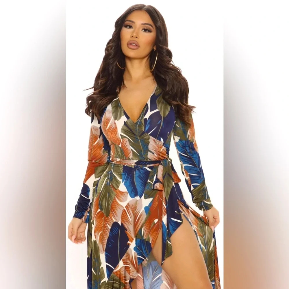 Fashion Nova Olive Leaf Maxi Dress (Missing Tie Belt) Size JL - Picture 2 of 2